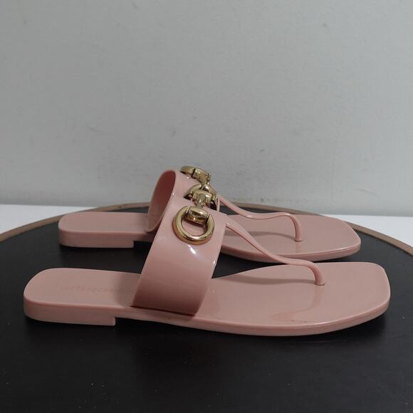 Jeffrey‎ Campbell Shoes Womens Size 7 Pink Jelly Sandals Gold Bit Slip On Summer - Picture 1 of 12